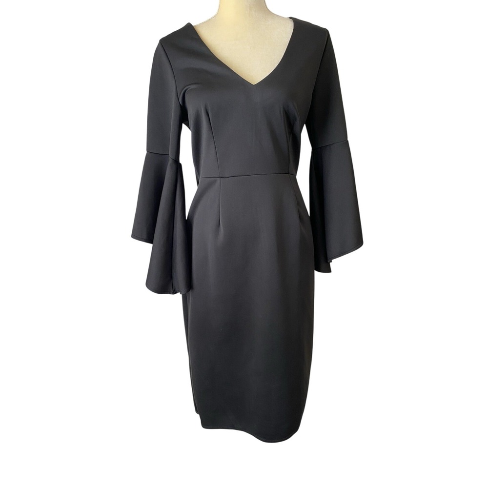 Leo Rosi Black Bell Sleeve Sheath Midi Dress V-Neck Long Sleeve M